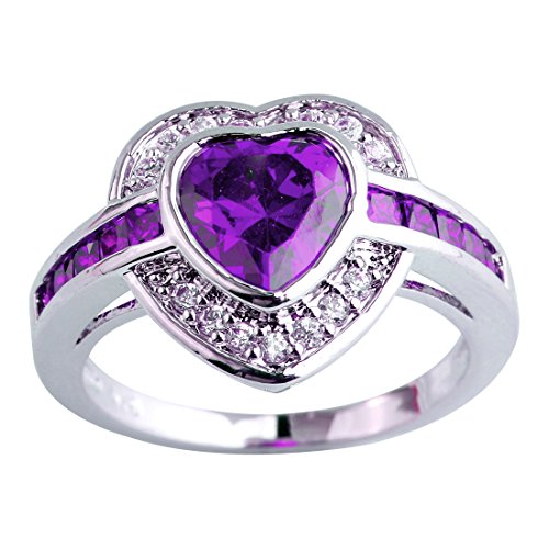 Product Cover Emsione Women's 925 Sterling Silver Plated Heart Shape Created Amethyst and White Topaz Halo Ring Size 7