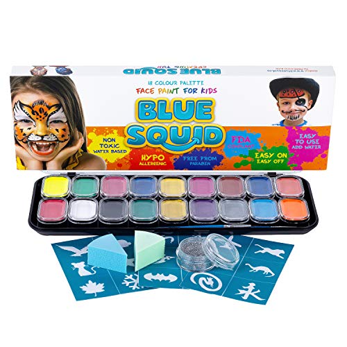 Product Cover Blue Squid Face Paint for Kids - 18 Large 10ml Washable Colors, 18 Stencils, Safe Facepainting for Sensitive Skin, Brushes, Sponges & Glitter - Best Quality Vibrant Water Based Non Toxic FDA Approved