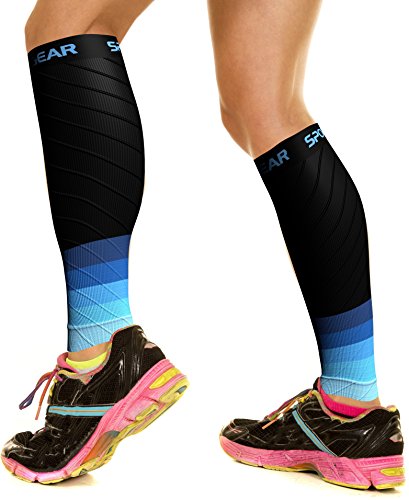 Product Cover Physix Gear Sport Compression Calf Sleeves for Men & Women 20-30mmhg - Best Footless Compression Socks for Shin Splints, Running, Leg Pain, Nurses & Pregnancy -Increase Circulation - BLK/BLU S/M - M/L