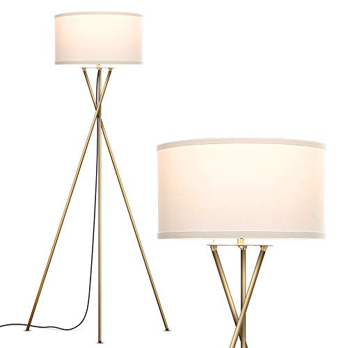 Product Cover Brightech Jaxon Tripod LED Floor Lamp - Mid Century Modern, Living Room Standing Light - Tall, Contemporary Drum Shade Lamp for Bedroom or Office - Brass/Gold