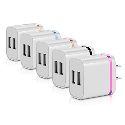 Product Cover USB Wall Charger,5-Pack 5V/2.4A Dual Port USB Plug Power Adapter Charging Cube/Block/Box/Brick Compatible with iPhone X 8/7/6 Plus SE/5S/4S, iPad, iPod, Samsung, Android Phone