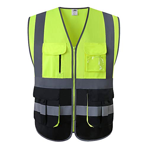 Product Cover JKSafety 7 Pockets Class 2 High Visibility Zipper Front Safety Vest With Reflective Strips.Meets ANSI/ISEA Standards (Yellow-Black XL)