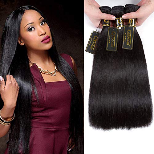 Product Cover QTHAIR 12A Grade Brazilian Virgin Straight Human Hair Weave 3 Bundles 300g 8 10 12 inch 100% Unprocessed Brazilian Straight Bob Hair Weave Human Hair Extensions Natural Black Color
