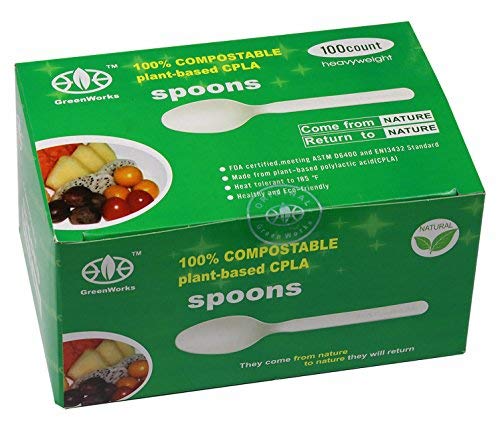 Product Cover GreenWorks 100% Biodegradable Compostable CPLA Disposable Spoons,100 Ct Large Heavyweight Bio-Based Plastic Utensils Flatware Cutlery Spoon