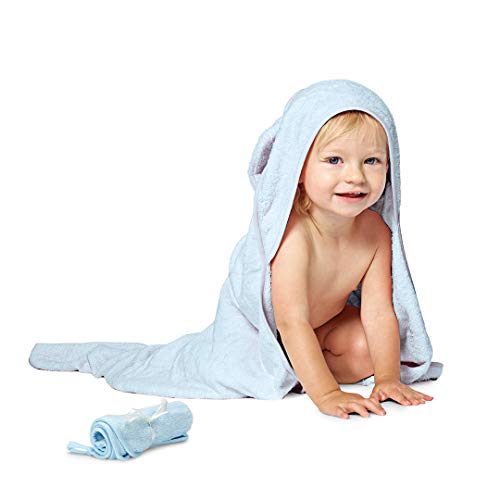Product Cover Organic Bamboo Hooded Baby Towel with Washcloth - Ultra Soft, Super Absorbent, and Naturally Hypoallergenic - Large Hooded Towel for Baby Boy or Girl - Premium Kids Animal Design (Blue)