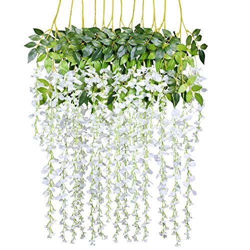 Product Cover 12 Pack 3.6 Feet/Piece Artificial Fake Wisteria Vine Ratta Hanging Garland Silk Flowers String Home Party Wedding Decor (White)