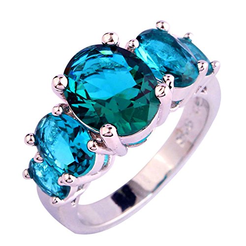 Product Cover Psiroy 925 Sterling Silver Created Green Topaz Filled 5 Stone Engagement Ring Band Size 9