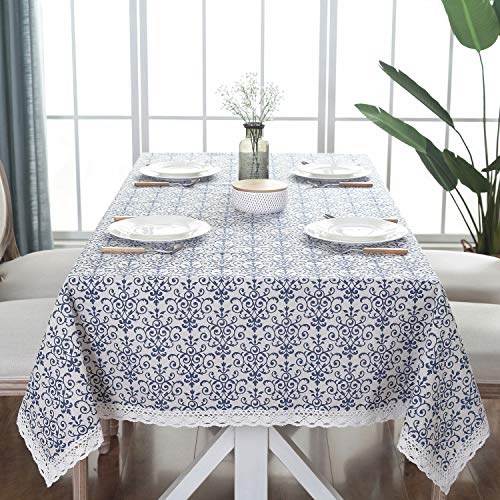 Product Cover ColorBird Vintage Navy Damask Pattern Decorative Macrame Lace Tablecloth Heavy Weight Cotton Linen Fabric Decorative Table Top Cover, Rectangle/Oblong, 55 x 120 Inch