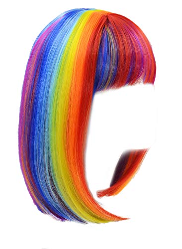 Product Cover Melesh Party Cosplay Costume Short Bob Multicoloured Rainbow Wig (14