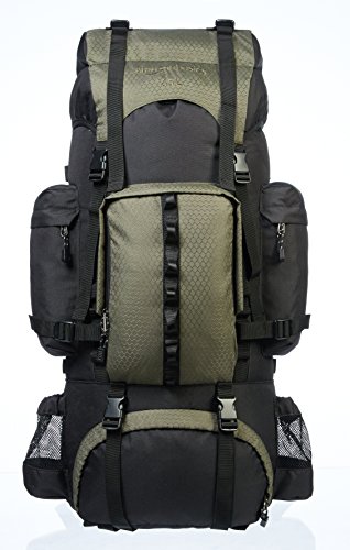 Product Cover AmazonBasics Internal Frame Hiking Camping Rucksack Backpack with Rainfly - 15.5 x 7 x 32 Inches, 65 Liters, Green