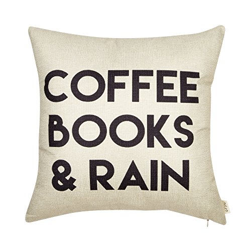 Product Cover Fjfz Coffee Books and Rain Décor Motivational Inspirational Quote Decoration Cotton Linen Home Decorative Throw Pillow Case Cushion Cover with Words for Book Lover Worm Sofa Couch, 18