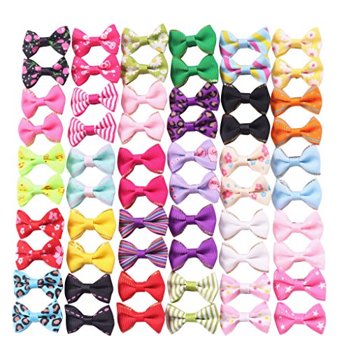 Product Cover YAKA 60PCS (30 Paris) Cute Puppy Dog Small Bowknot Hair Bows with Rubber Bands (or Clips) Handmade Hair Accessories Bow Pet Grooming Products (60 Pcs,Cute Patterns)