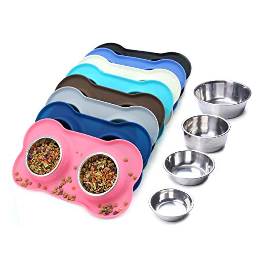Product Cover VIVAGLORY Dog Bowls Stainless Steel Water and Food Bowl Pet Puppy Cat Feeder with Non Spill Skid Resistant Silicone Mat, Medium, Pink