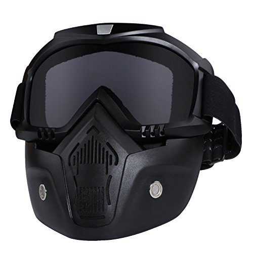 Product Cover Motorcycle Helmet Riding Goggles Glasses With Removable Face Mask,Detachable Fog-proof Warm Goggles Mouth Filter Adjustable Non-slip Strap Vintage Bullet Fight Motocross (black)