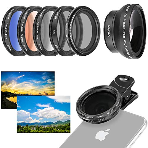 Product Cover Neewer 37mm Cell Phone Lens Accessory Kit, Includes 0.45X Wide Angle Lens,Lens Clip,Graduated Color Filters (Blue Orange Grey), CPL Filter, ND Filter for iPhone, Samsung, Huawei, etc