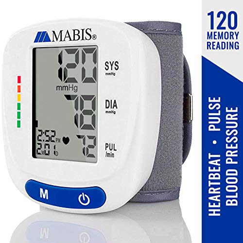 Product Cover Mabis Wrist Blood Pressure Monitor Clinically Accurate to Detect Pulse and Irregular Heartbeat While Storing up to 120 Readings with Date and Time, White