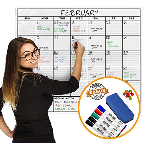 Product Cover Jumbo Dry Erase Laminated Wall Calendar, Huge 24-Inch by 36-Inch Size, Monthly Planner for Home Office Classroom, Large Date Boxes, Reusable PET Film, Never Folded, Bonus 5 Markers, 8 Tacks, 1 Eraser