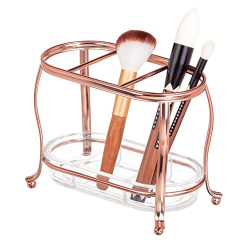 Product Cover mDesign Decorative Makeup Brush Storage Organizer Tray Stand for Bathroom Vanity Counter Tops, Dressing Tables, Cosmetic Stations - 3 Sections with Removable Bottom Tray - Rose Gold/Clear