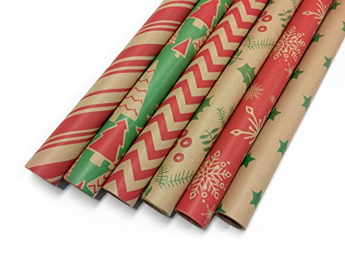 Product Cover Note Card Cafe Bella Kraft Christmas Wrapping Paper | 6 Pack | 30 x 120 inch Rolls | Classic, Minimalist Designs | Holidays, Christmas, Gifts, Presents, Exchanges, Showers | Recyclable, Biodegradable