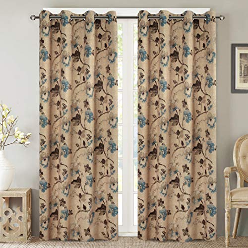 Product Cover H.VERSAILTEX Ultra Sleep Well Blackout Curtains for Bedroom, Thick and Soft Grommet Curtains (2 Panels), Traditional Vintage Floral in Taupe/Brown/Teal, 52x96 - Inch