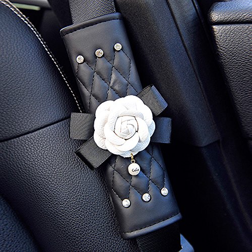Product Cover INEBIZ Beautiful Camellia Leather Car Seat Belt Cover Pads, Harness Repositions Strap Adjuster, 1 Pair for Children or Adult