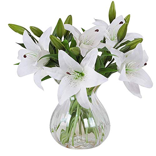 Product Cover Meiwo Artificial Flowers, 5pcs Artificial Lillies with 3 Buds, Full Bloom Artificial Latex Real Touch Flowers for Home Decor, Wedding, Parties, Offices, Restaurants(White)