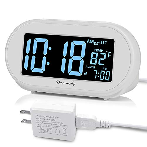 Product Cover DreamSky Auto Time Set Alarm Clock with Snooze and Dimmer, Charging Station/Phone Charger with Dual USB Port .Auto DST Setting, 4 Time Zone Optional, Battery Backup.