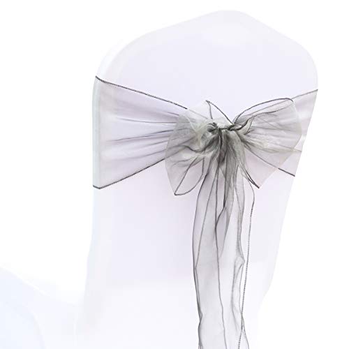 Product Cover BIT.FLY 25 Pcs Organza Chair Sashes for Wedding Banquet Party Decoration Chair Bows Ties Chair Cover Bands Event Supplies - Silver