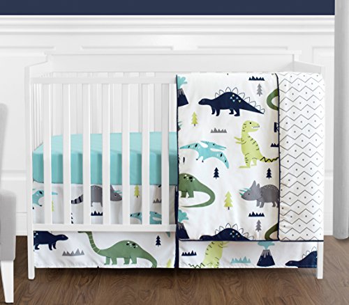Product Cover Navy Blue and Green Modern Dinosaur Baby Boys or Girls 4 Piece Crib Bedding Set Without Bumper for Mod Dino Collection