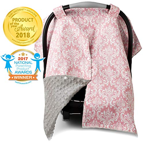 Product Cover 2 in 1 Carseat Canopy and Nursing Cover Up with Peekaboo Opening | Large Infant Car Seat Canopy for Girl | Best Baby Shower Gift for Breastfeeding Moms | Pink Damask Pattern with Champagne Minky