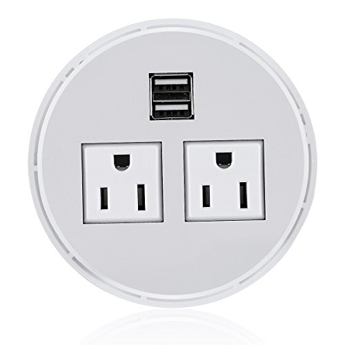Product Cover Desktop Power Grommet Hub 2 Power Socket & Dual USB Ports for Office Desk Grommet Outlet Table Recessed Power Outlet Durable Plastic Top (White) with 6 FT Power Cord