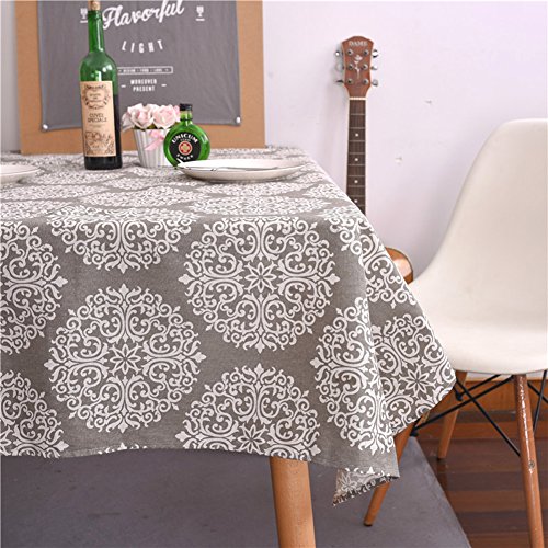 Product Cover ColorBird Grey Medallion Tablecloth Cotton Linen Dust-Proof Table Cover for Kitchen Dinning Tabletop Linen Decor (Rectangle/Oblong, 55 x 102Inch)