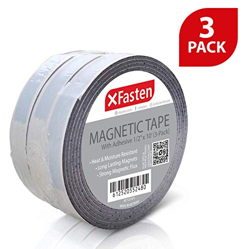 Product Cover XFasten Flexible Strong Self Adhesive Magnetic Tape Roll, 1/2-Inch x 10-Foot, Pack of 3, Stick on Magnetic Strips with Adhesive Backing