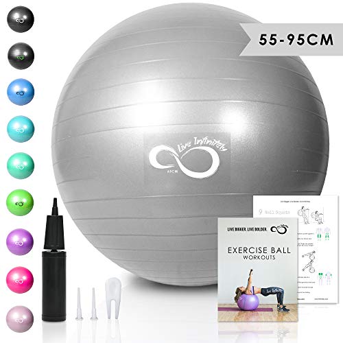 Product Cover Live Infinitely Exercise Ball (55cm-95cm) Extra Thick Professional Grade Balance & Stability Ball- Anti Burst Tested Supports 2200lbs- Includes Hand Pump & Workout Guide Access (Silver, 55 cm)