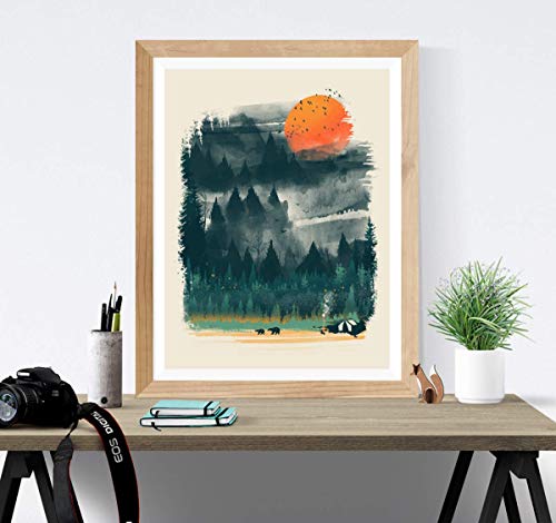 Product Cover Wilderness Print/Camping Hiking Print/Great Outdoors Print/Wilderness Lover Wall Art/Forest Trees Bears Tent Nature Inspiration Home Decor/Unframed 18 x 24 Inch Poster