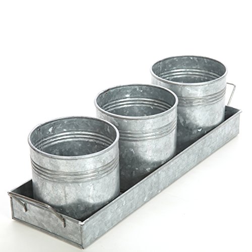Product Cover Hosley Set of 3 Galvanized Planter with Tray 5 Inch High. Ideal for Party Wedding Country Picnic Caddy Serve Ware Floral Pots Votive Candle Gardens O4