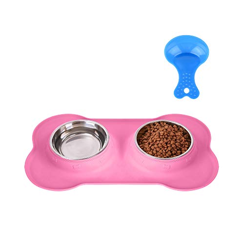 Product Cover Hubulk Pet Dog Bowls 2 Stainless Steel Dog Bowl with No Spill Non-Skid Silicone Mat + Pet Food Scoop Water and Food Feeder Bowls for Feeding Small Medium Large Dogs Cats Puppies (M, Pink)