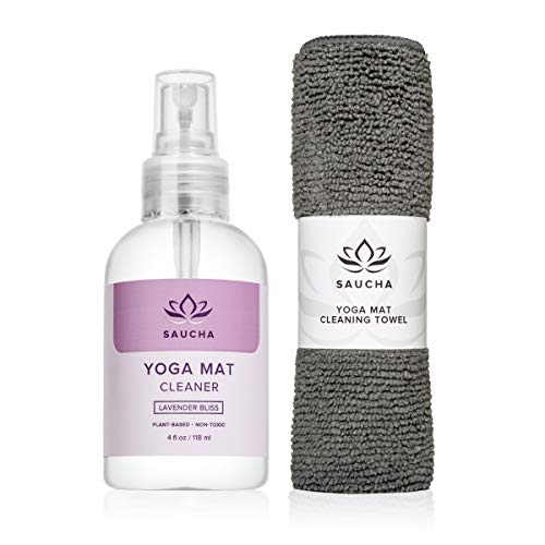 Product Cover Saucha Natural Yoga Mat Cleaner Spray 4oz with Free Microfiber Cloth (Lavender Aromatherapy Bliss) Safe for All Mats | Eco Friendly Plant & Essential Oils Based Cleaning Solution