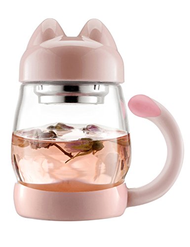 Product Cover BZY1 14oz Glass Tea Cup with a Lid & Strainer Portable Cute Cat Tail Heat Resistant Mugs Free with a Coasters