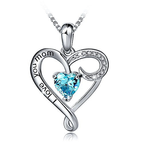 Product Cover Mother's Birthday Gift I Love You Mom S925 Sterling Silver Heart Pendant Necklace (I Love You Mom-Blue Heart)