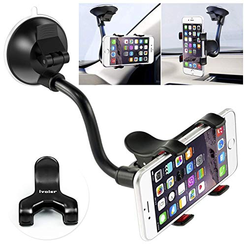 Product Cover Car Phone Mount Windshield, Long Arm Clamp iVoler Universal Dashboard with Double Clip Strong Suction Cup Cell Phone Holder Compatible iPhone 11 Pro XS Max X 7 8 Plus 6 Plus Galaxy S9 S8 S7 Note 9 10