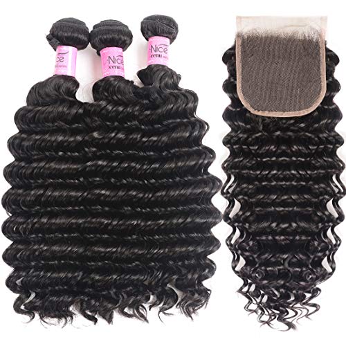 Product Cover UNice Hair Icenu Series Peruvian Deep Wave Virgin Hair 4x4 Lace Closure with Bundles Real Human Hair Weft Extensions Natural Color 95-100g/piece (18 20 22+16Closure)