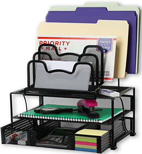 Product Cover SimpleHouseware Mesh Desk Organizer with Sliding Drawer, Double Tray and 5 Stacking Sorter Sections, Black