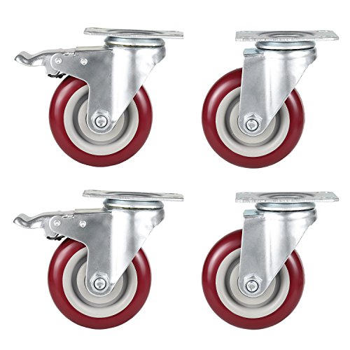 Product Cover Coocheer 4'' Swivel Caster Wheels 1200lbs With Top Plate & Bearing Heavy Duty On Red Polyurethane Wheels Set of 4 (2 Swivel Without Brake, 2 Swivel with Brakes)