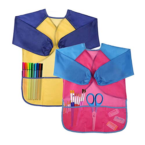 Product Cover Love&Mini Kids' Art Aprons Waterproof Smocks Long Sleeve with 3 Pockets for Age 3-6 Children Painting and Cooking Pack of 2
