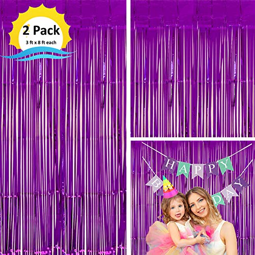 Product Cover Moohome 2 Pack 3ft x 8ft Purple Foil Curtains Metallic Tinsel Fringe Curtains Shimmer Door Window Curtain Backdrop for Birthday Wedding Bridal Shower Baby Shower Photo Booth Party Decorations