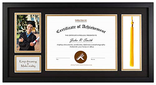 Product Cover Golden State Art, Diploma Tassel Shadow Box 11x22 Frame for 8.5x11 Document/Certificate & 4x6 Photo, with Double Mat (Black Over Gold), Tassel Holder & Real Glass, Black