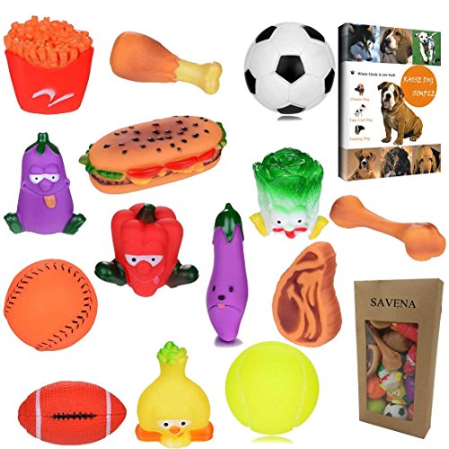Product Cover Savena Super Squeaky Dog Toy Pack -New Upgrade Made by Non-Toxic Odorless Environmental Material No-Stuffing Bite Resistant Ball Vegetable Food Types Colors, 14-Pack, Raising Dog EBook Included