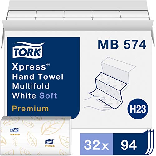Product Cover Tork Premium Soft Xpress Multifold Hand Towel H23, 4-Panel Hand Towel MB574, High Performance, Tear-Resistant, Absorbent 2-Ply, White - 32 x 94 Sheets