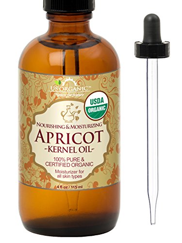 Product Cover US Organic Apricot Kernel Oil, USDA Certified Organic,100% Pure & Natural, Cold Pressed Virgin, Unrefined in Amber Glass Bottle w/Glass Eyedropper for Easy Application (4 oz (Large))